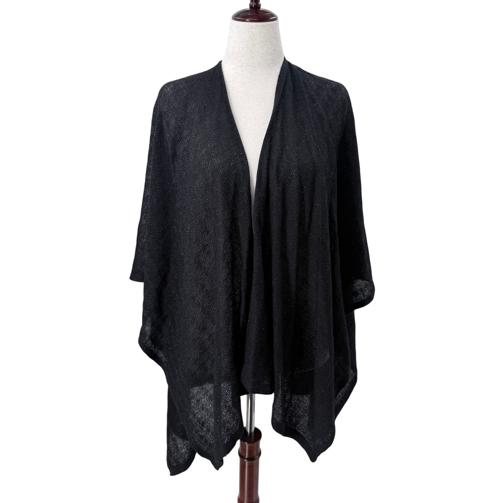 Lord & Taylor Black Metallic Knit Wrap Shawl Shimmer Open Front One Size